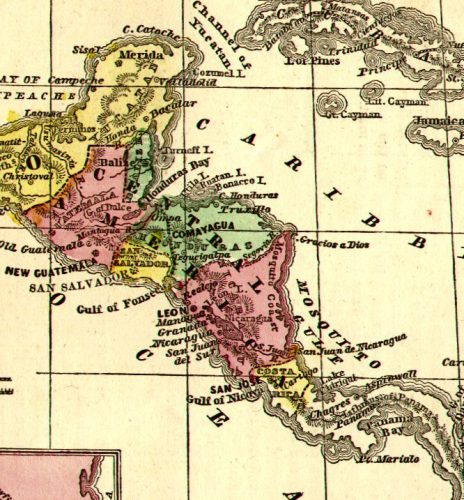 Mapa zemí Střední Ameriky, 1860.
