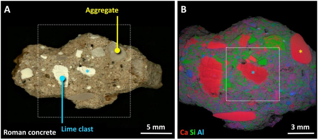 Struktura římského betonu. Kredit: Seymour et al. (2023), Science Advances.